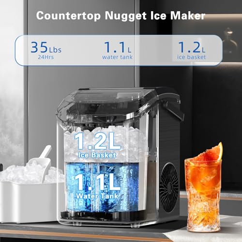 Countertop Nugget Ice Maker - Soft Chewable Ice, 35.5Lbs/Day, Self-Cleaning, Black